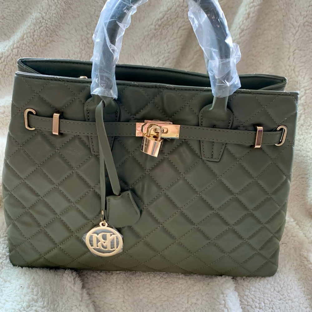 Badgley Mischka Olive Quilted Satchel with Gold Details